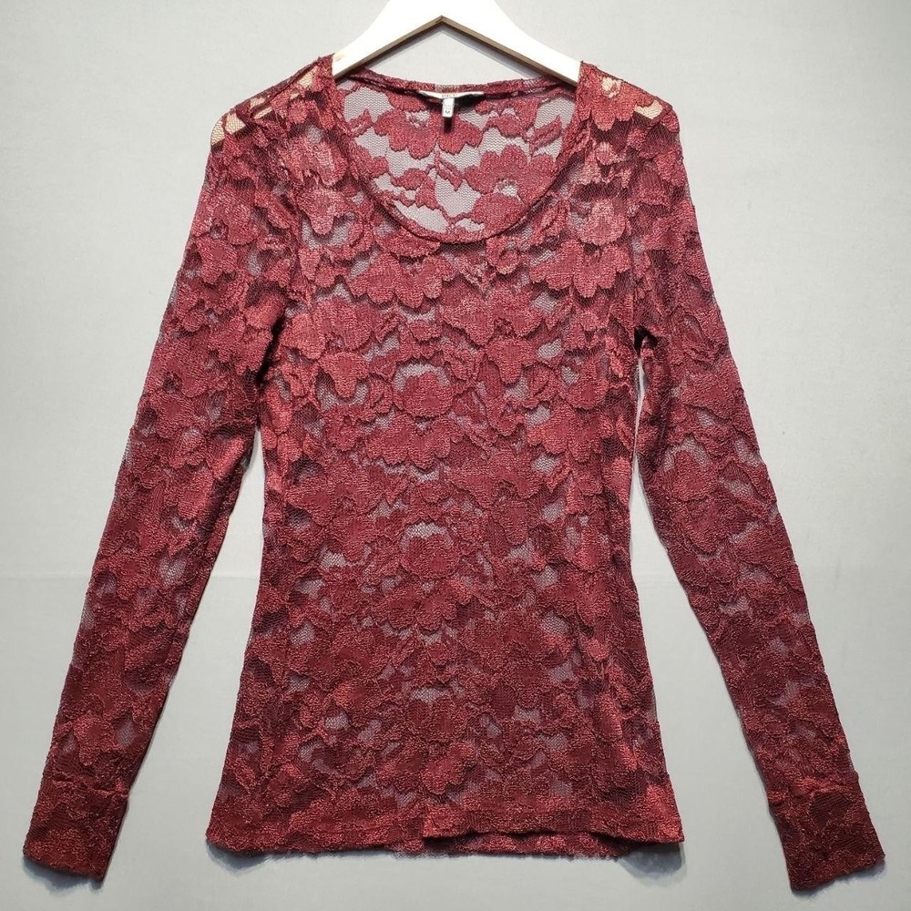BKE Sheer Lace Top Womens M Red Long Sleeve Fitted Y2K‎ Grunge Indie Sleaze Goth